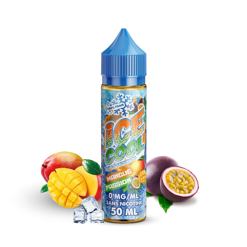 Flacon du eliquide Mangue Passion de la gamme Ice Cool de Liquidarom, fabricant français de eliquide pour le vapotage.