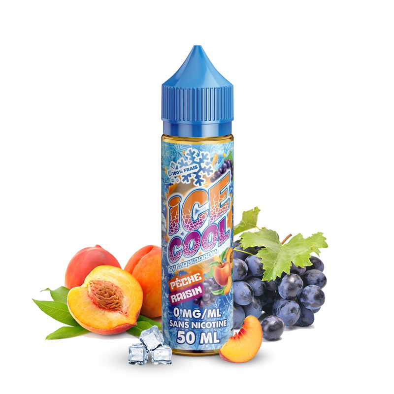 Flacon du eliquide Pêche Raisin de la gamme Ice Cool de Liquidarom, fabricant français de eliquide pour le vapotage.