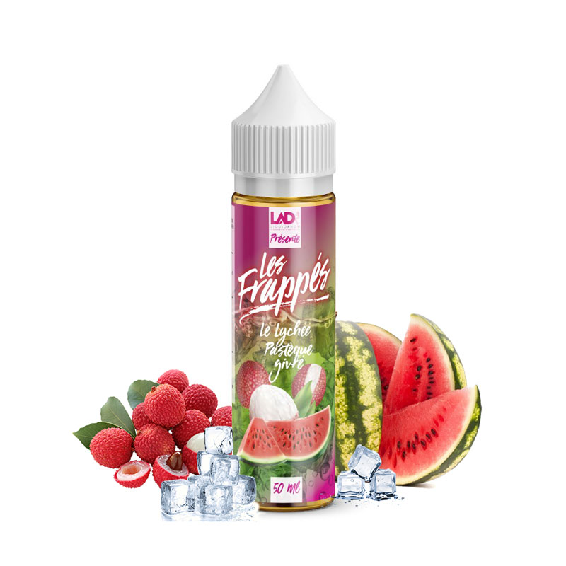 Flacon du eliquide Lychee Pastèque Givré de la gamme Les Frappés de Liquidarom, fabricant français de eliquide pour le vapotage.