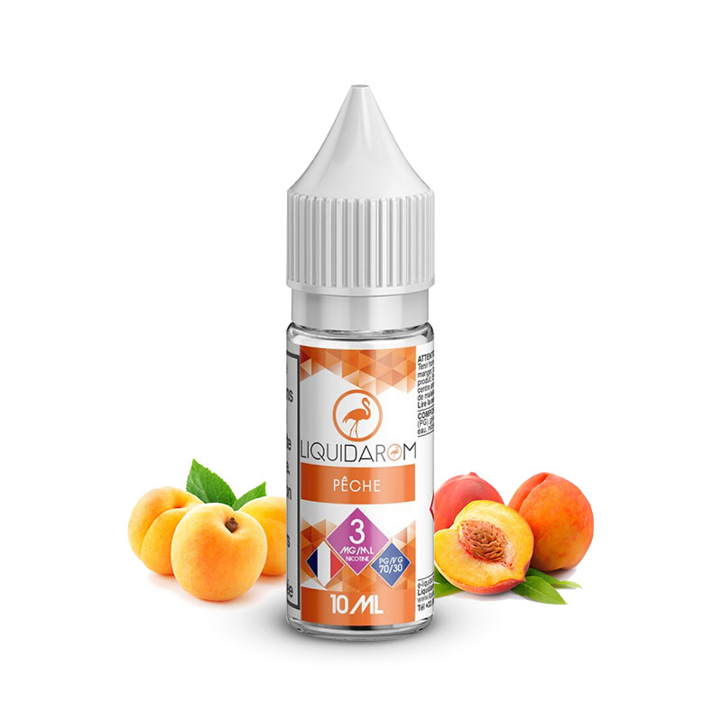 Flacon du eliquide Pêche 10ml de Liquidarom, fabricant français de eliquide pour le vapotage..