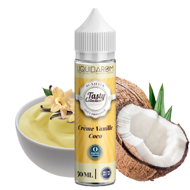 Flacon du eliquide creme vanille coco de la gamme Tasty par Liquidarom, fabricant français de eliquide pour le vapotage.