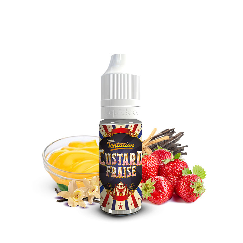 Flacon du eliquide Custard Fraise 10 ml de Liquideo, fabricant français de eliquide pour le vapotage.