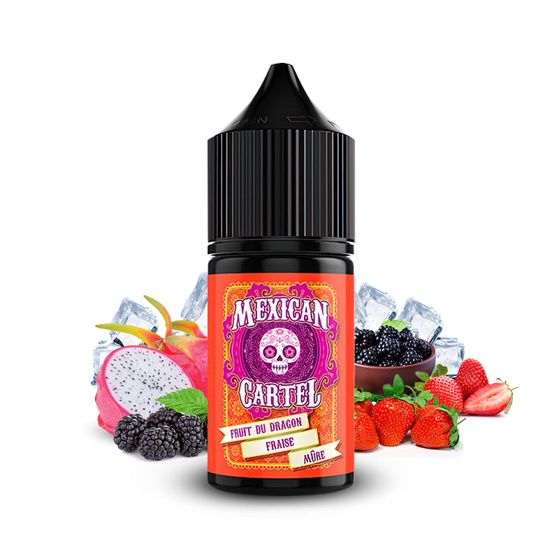 Photo du flacon de l'arôme concentré Fruit du Dragon Fraise Mûre 30ml fabriqué par Mexican Cartel.