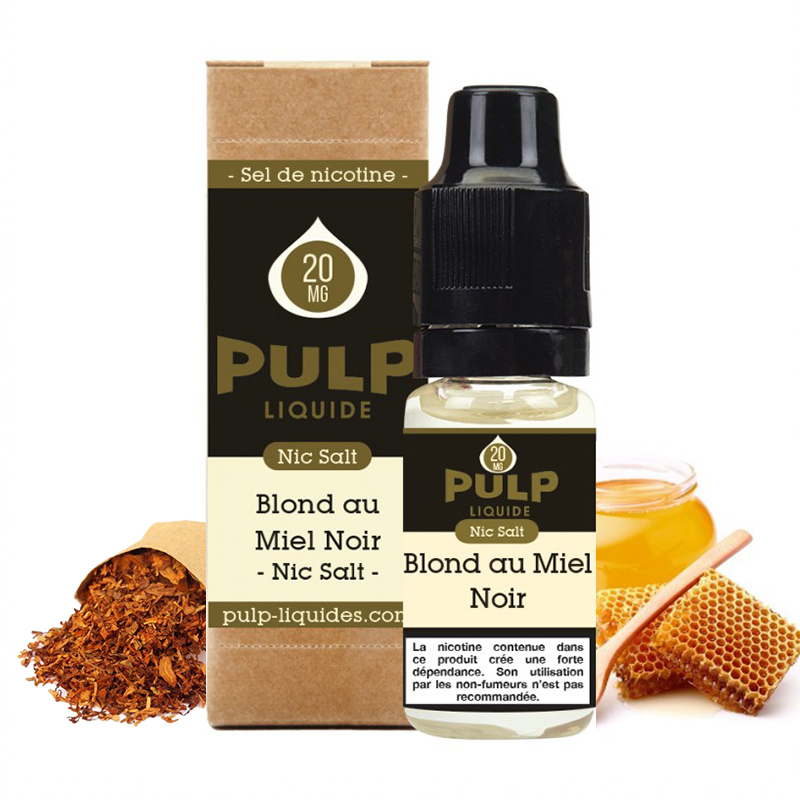 Flacon du eliquide Blond au Miel Noir sel de nicotine de Pulp, fabricant français de eliquide pour le vapotage..