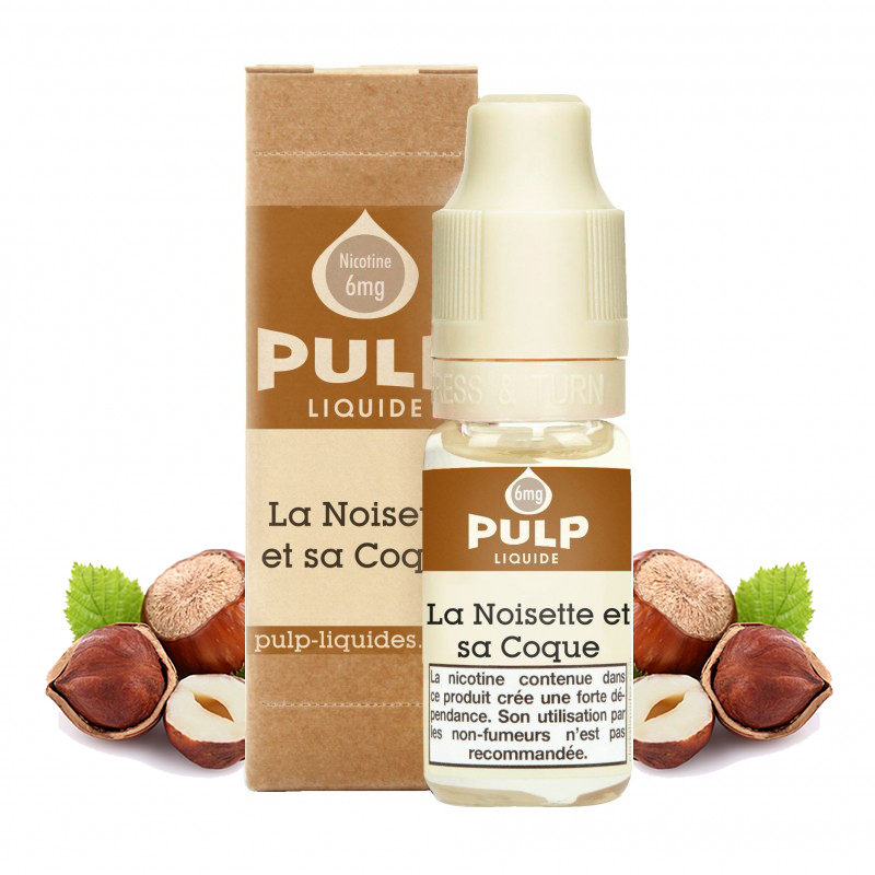 Flacon du eliquide La Noisette et sa coque de Pulp, fabricant français de eliquide pour le vapotage..