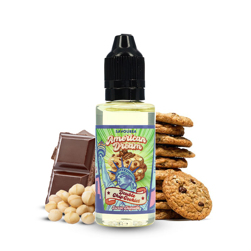 Photo du flacon de l'arôme Double Chip Cookies de la marque American Dream par Savourea.