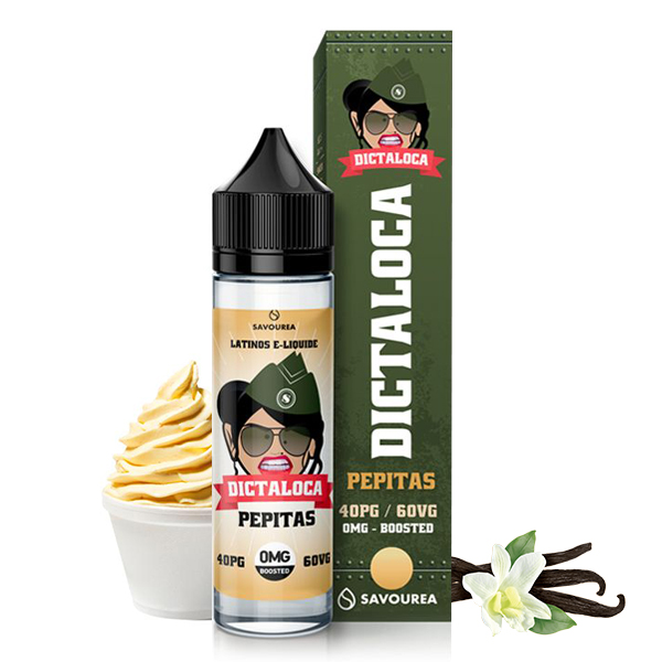 Photo du Pepitas 50 ml eliquide pour le vapotage de la marque française Dictaloca produite par Savourea.