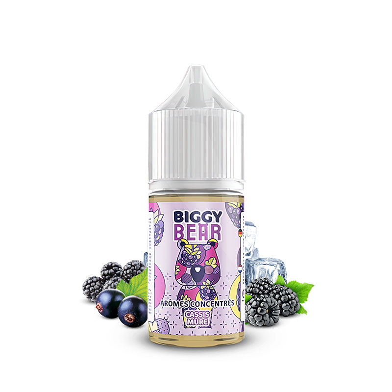 Photo du flacon de l'arôme concentré Cassis Mûre 30ml de la marque Biggy Bear fabriqué par Secret's Lab.