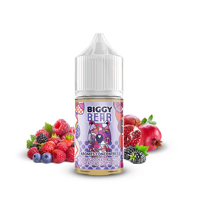 Photo du flacon de l'arôme concentré Fruits rouges Grenade Fraise des bois acidulée 30ml de la marque Biggy Bear fabriqué par Secret's Lab.