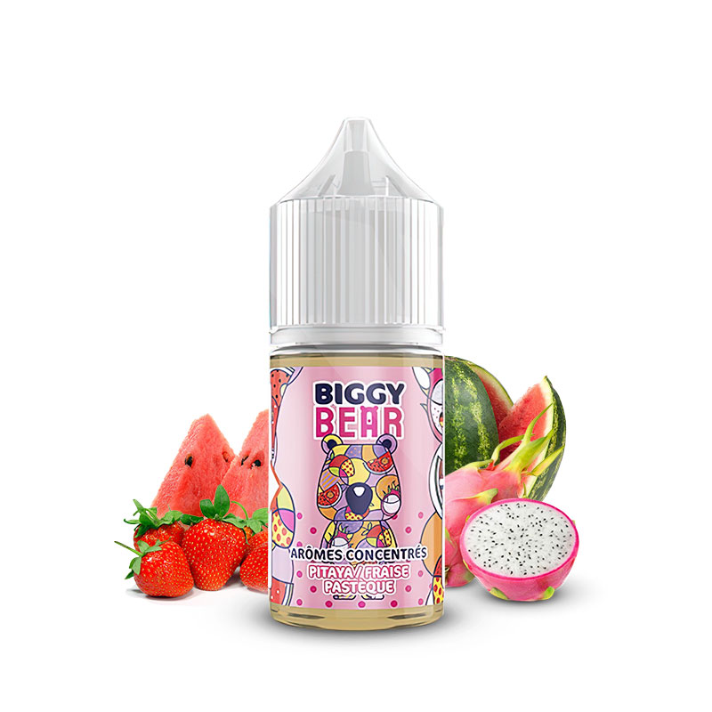 Photo du flacon de l'arôme concentré Pitaya Fraise Pastèque 30ml de la marque Biggy Bear fabriqué par Secret's Lab.