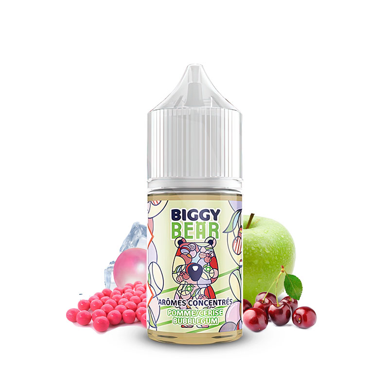 Photo du flacon de l'arôme concentré Pomme Cerise Bubble Gum 30ml de la marque Biggy Bear fabriqué par Secret's Lab.