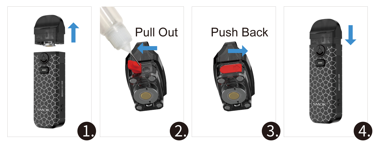 Rechargement en e-liquide de la cartouche du kit pod Nord X de Smoktech.