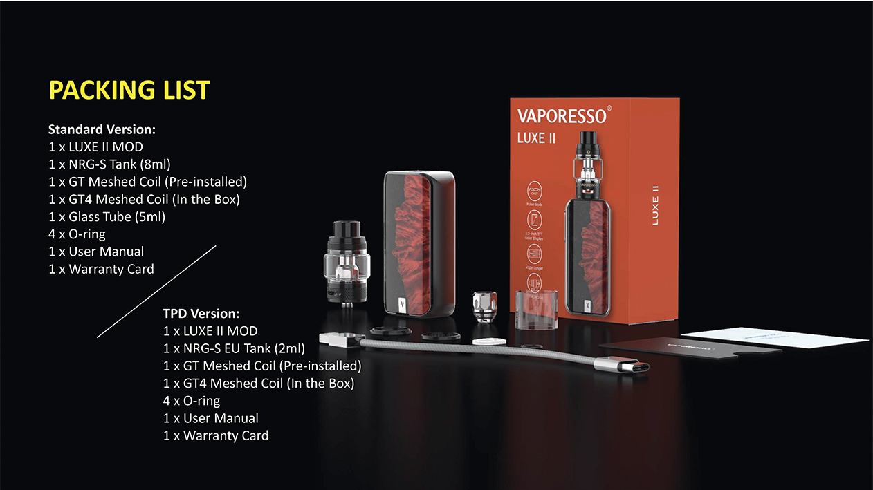Photo du packaging du Kit Luxe 2 de Vaporesso, box électronique 220W double accu et clearomiseur NRG-S.