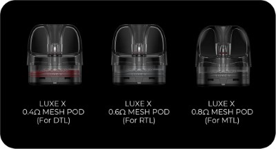 Photo des différentes cartouches et résistances du kit Pod cigarette électronique Luxe XR Max de la marque Vaporesso.