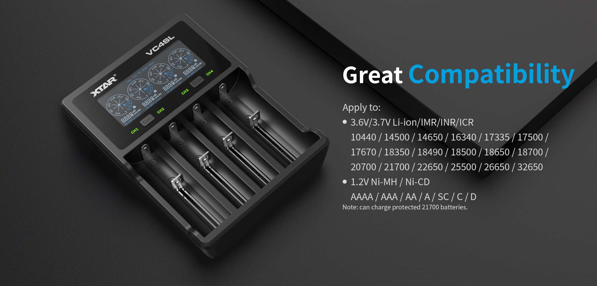 Le chargeur d'accus VC4SL de Xtar et la liste d'accus compatibles.