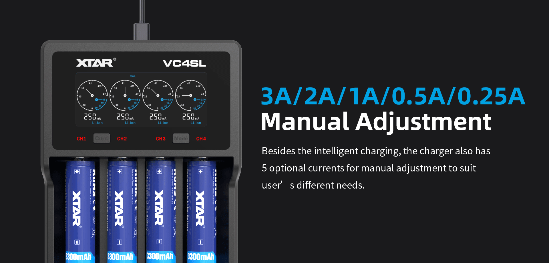 Chargez jusqu'à 4 accus en même temps avec le chargeur VC4SL Xtar et ajustez manuellement la vitesse de charge de chaque slot.